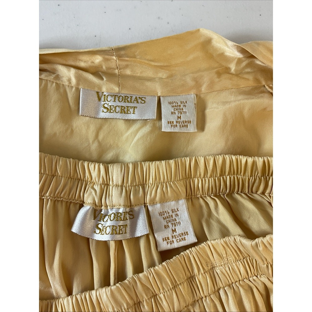 VTG Victorias Secret Yellow Silk Pajama Set MD sleeveless embroidered / pants - Picture 8 of 14